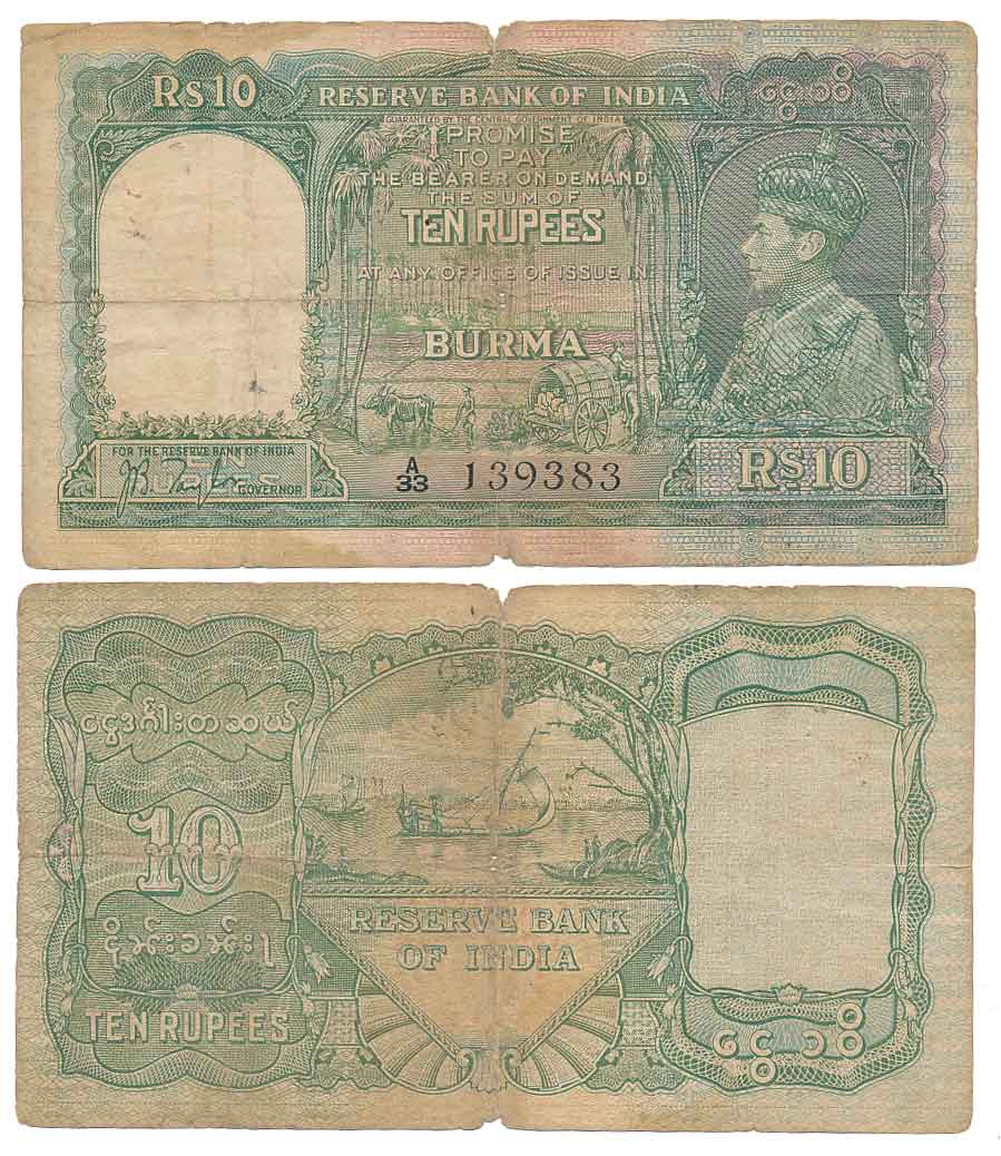 British India, George VI, Rupee 10, Type 5.5, Signed J B Taylor, Prefix A/33, Burmese lege