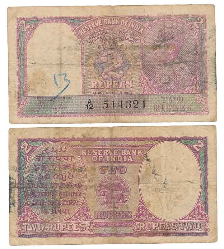 British India, George VI, Rupees 2, Type 4.2, Signed J. B. Taylor, Prefix A/12, Serial num