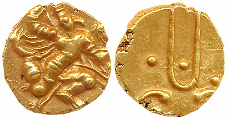 Banas of Madurai, Samarakolakalan, Gold Fanam, 0.37g, Obv: Stylize Garuda running to right