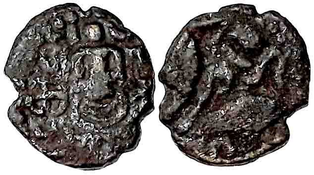Later Pandyas of Madurai, Copper, 1.14g, Obv: Seated Deity surrounded by legend partially 