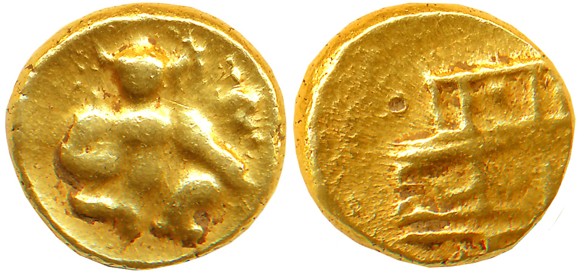 Vijaynagar Empire, Krishnadevraya, Gold 1/2 Varaha, 1.69g, Obv: Lord Bala Krishna seated f