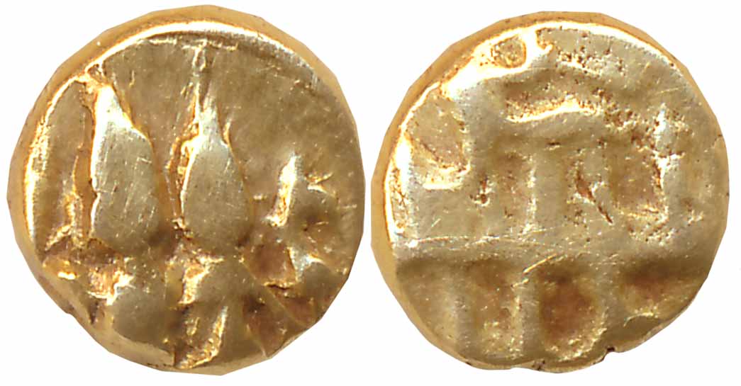 Keladi Nayakas of Ikkeri, Gold Fanam, 0.38g, Obv: Shiva Parvati Seated, Rev: Devanagari le