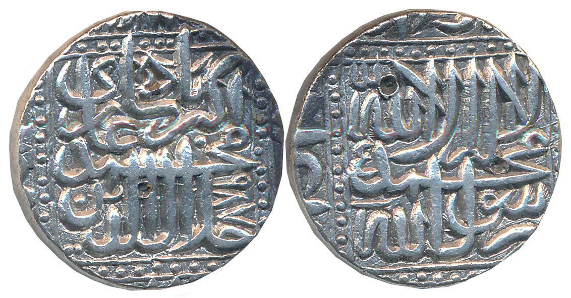 Akbar, Silver Rupee, 11.35g, “Kalima” type, Ahmedabad Mint (off flan), AH 987 (KM# 80.2). 