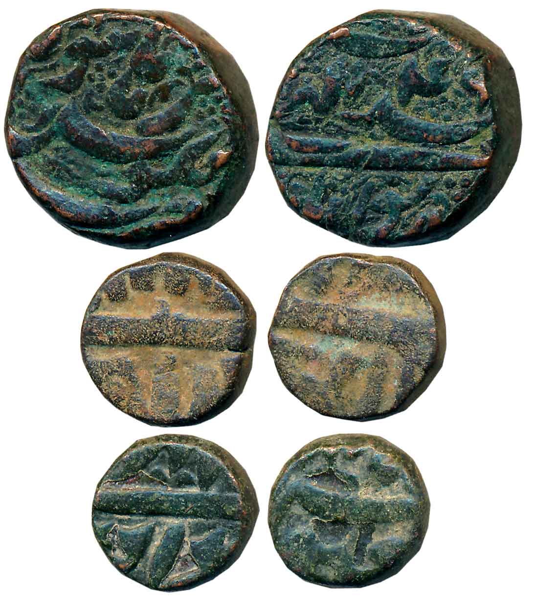 Akbar, Copper (3), Dam (1) & 1/4 Dam (2), 20.58g, 5.19g, 4.80g, Burhanpur Mint. Fine to ve