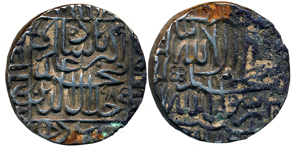 Akbar, Silver Rupee, 11.74g, “Kalima” type, Hazrat Delhi Mint, AH 985 (KM# 80.7). Uncleane