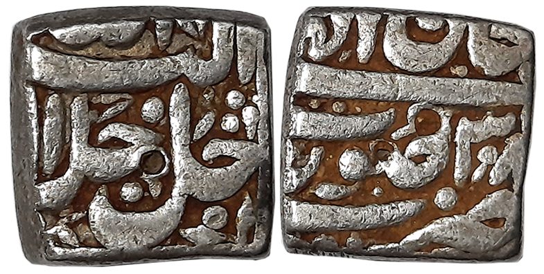 Akbar, Silver Square Rupee, 9.74g, “Jalalahu” type, Surat Mint (Suvad instead of Seen in s
