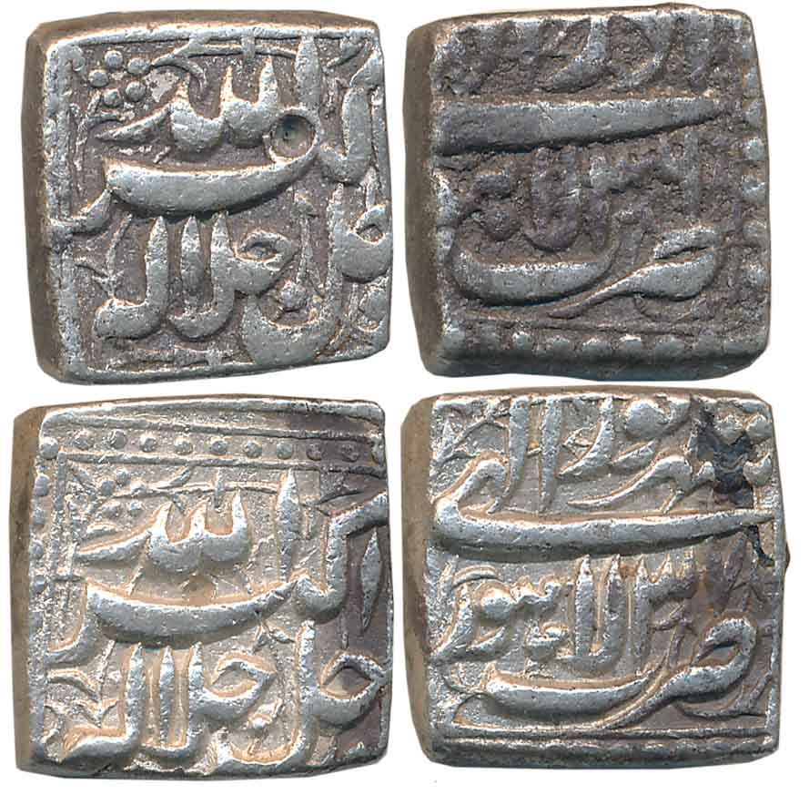 Akbar, Silver Square Rupees (2), 11.27g, 11.41g, “Jalalahu” type, Dar ul Khilafat Lahore M