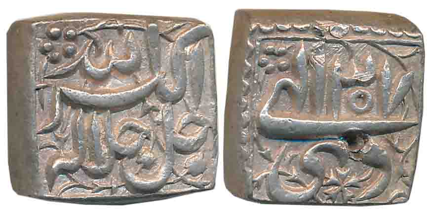 Akbar, Silver Square Rupee, 11.42g, “Jalalahu- Mintless” type, Ilahi Month Di, Year 37 (KM