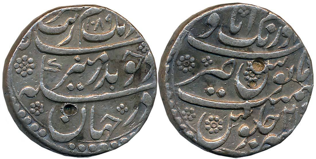 Aurangzeb, Silver Rupee, 11.40g, Aurangabad Mint, AH 1089/ RY 21, Complete Mint name on to