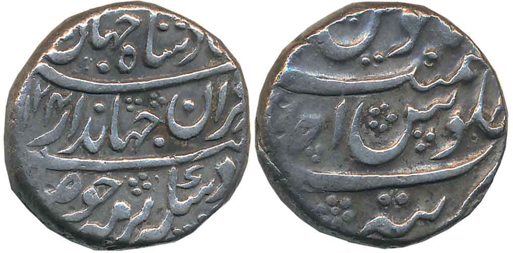 Jahandar Shah, Silver Rupee, 11.36g, “Sahib Qiran” type, Tatta Mint, AH 1124/ RY Ahad (KM#