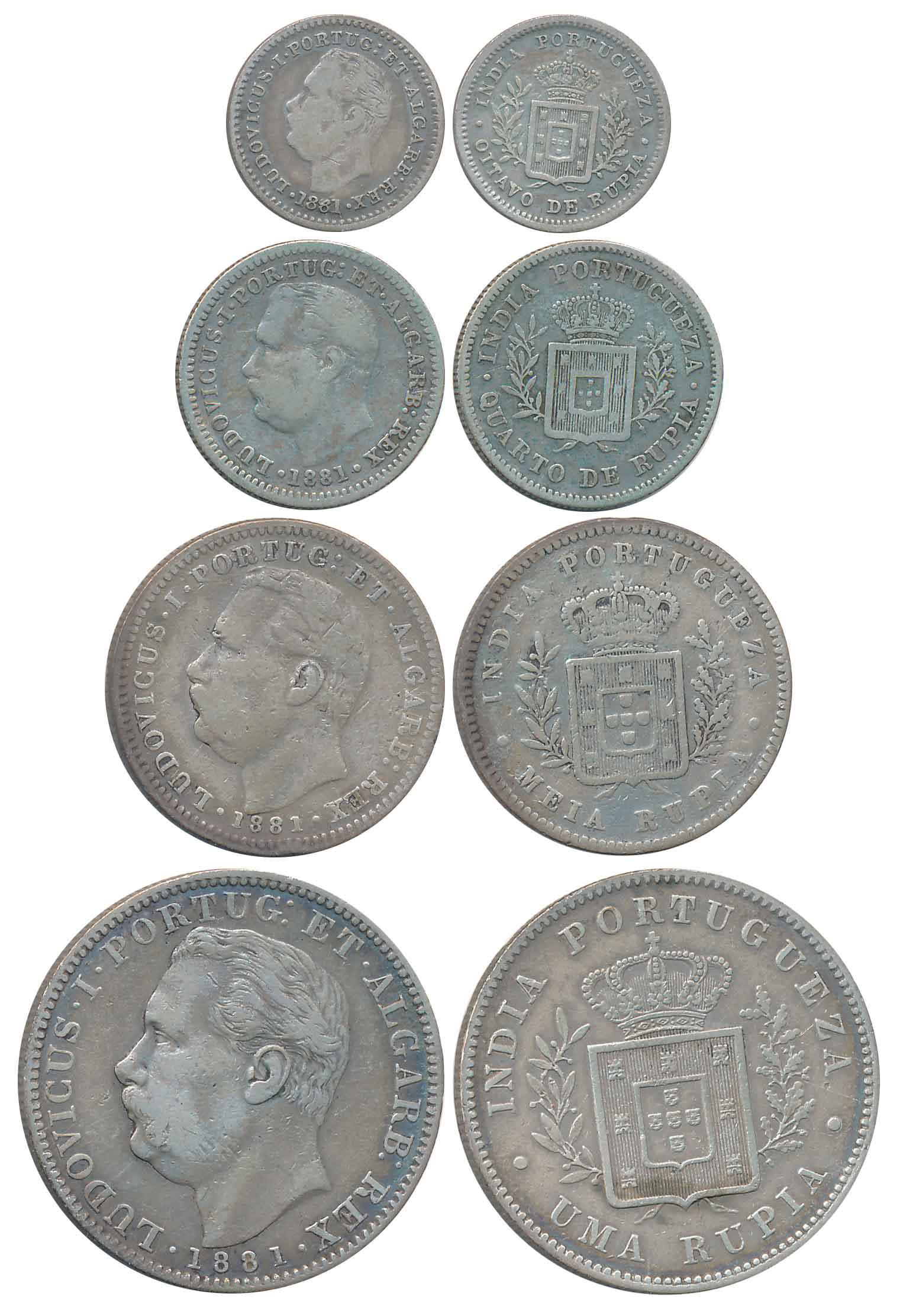 Goa, Luiz I, Silver Set of 4, 1881, Uma Rupia (Rupee), Meia Rupia (1/2 Rupee), Quarto de R