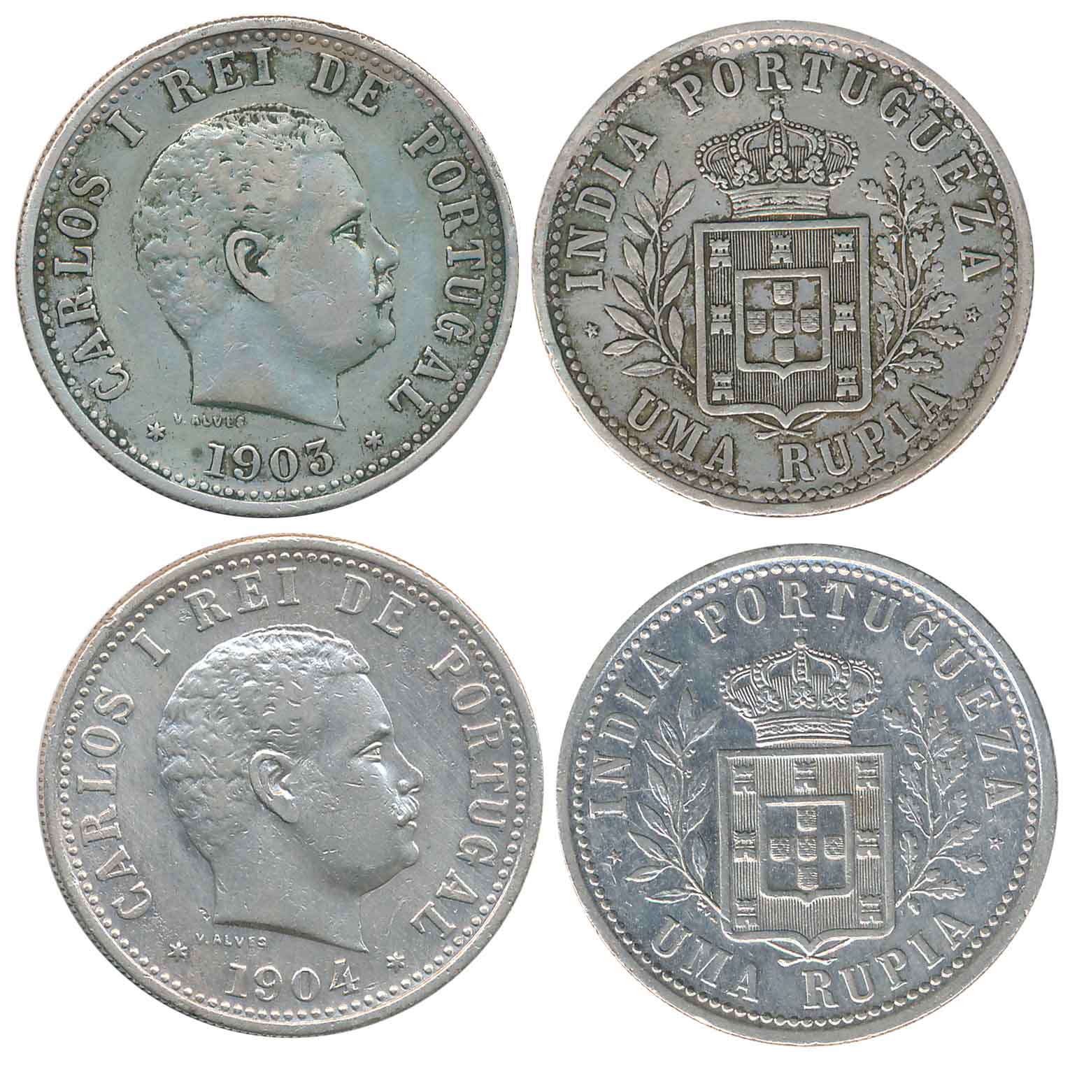 Goa, Silver Rupees (2), Carlos, 1903, 1904 (KM# 17). Very fine to very fine+. 2 coins.
