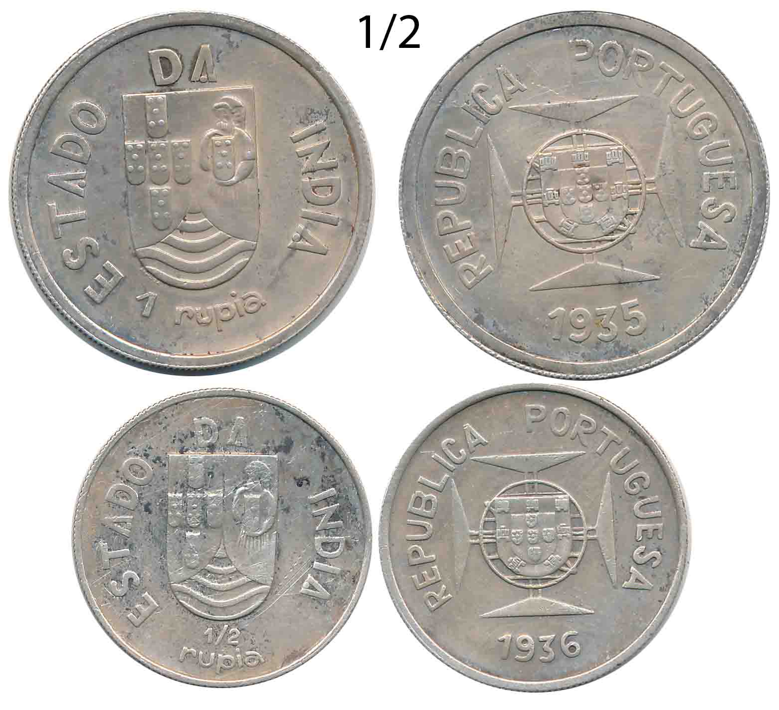 Republic, Silver (2), Rupia & 1/2 Rupia, 1935, 1936, Obv: Shileld on lined circle at centr