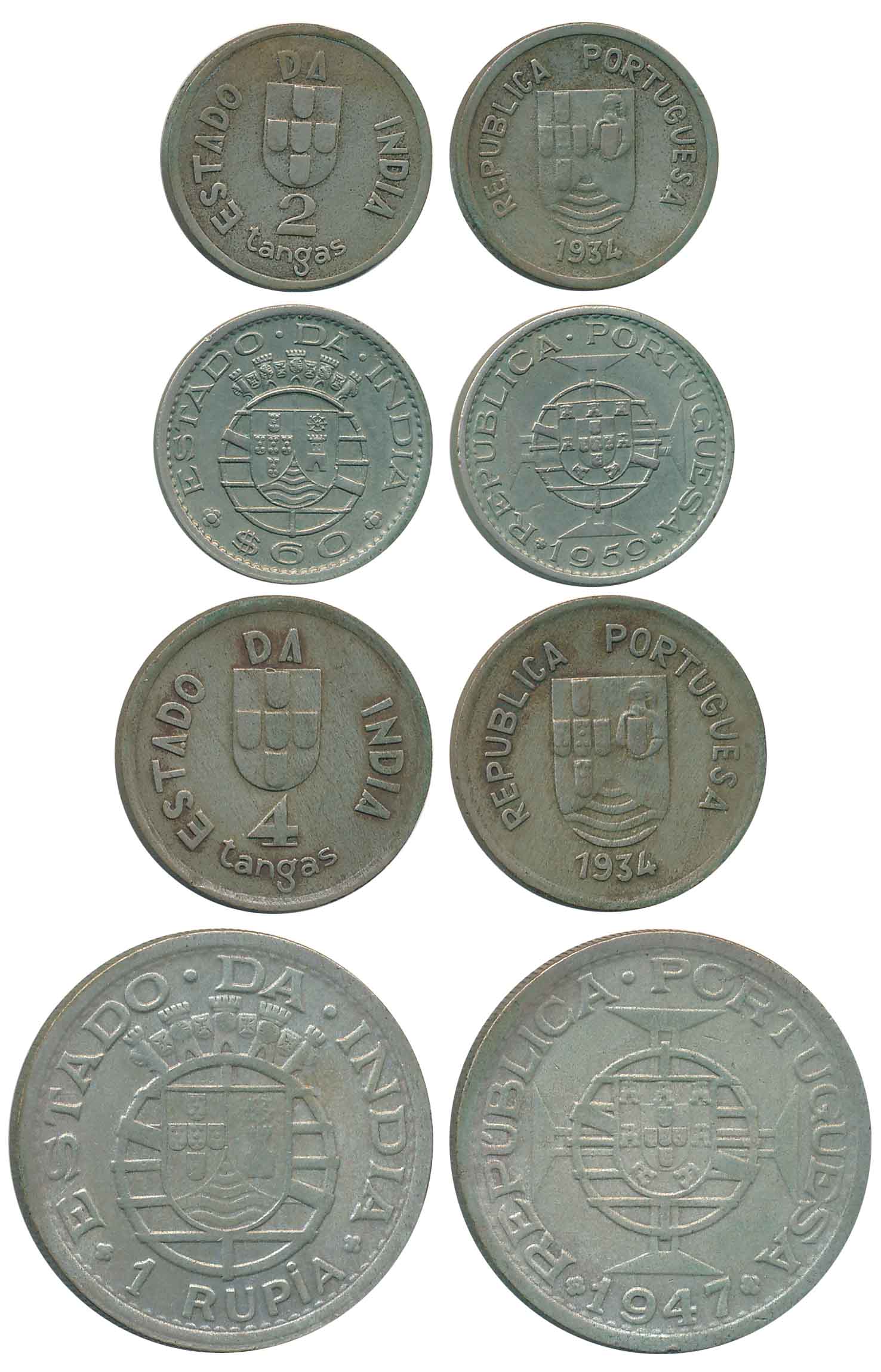 Republic, Copper Nickle (4), Rupia, 1947, (KM# 27), 4 Tanga, 2 Tanga, 1934 (KM# 21, 20), 6