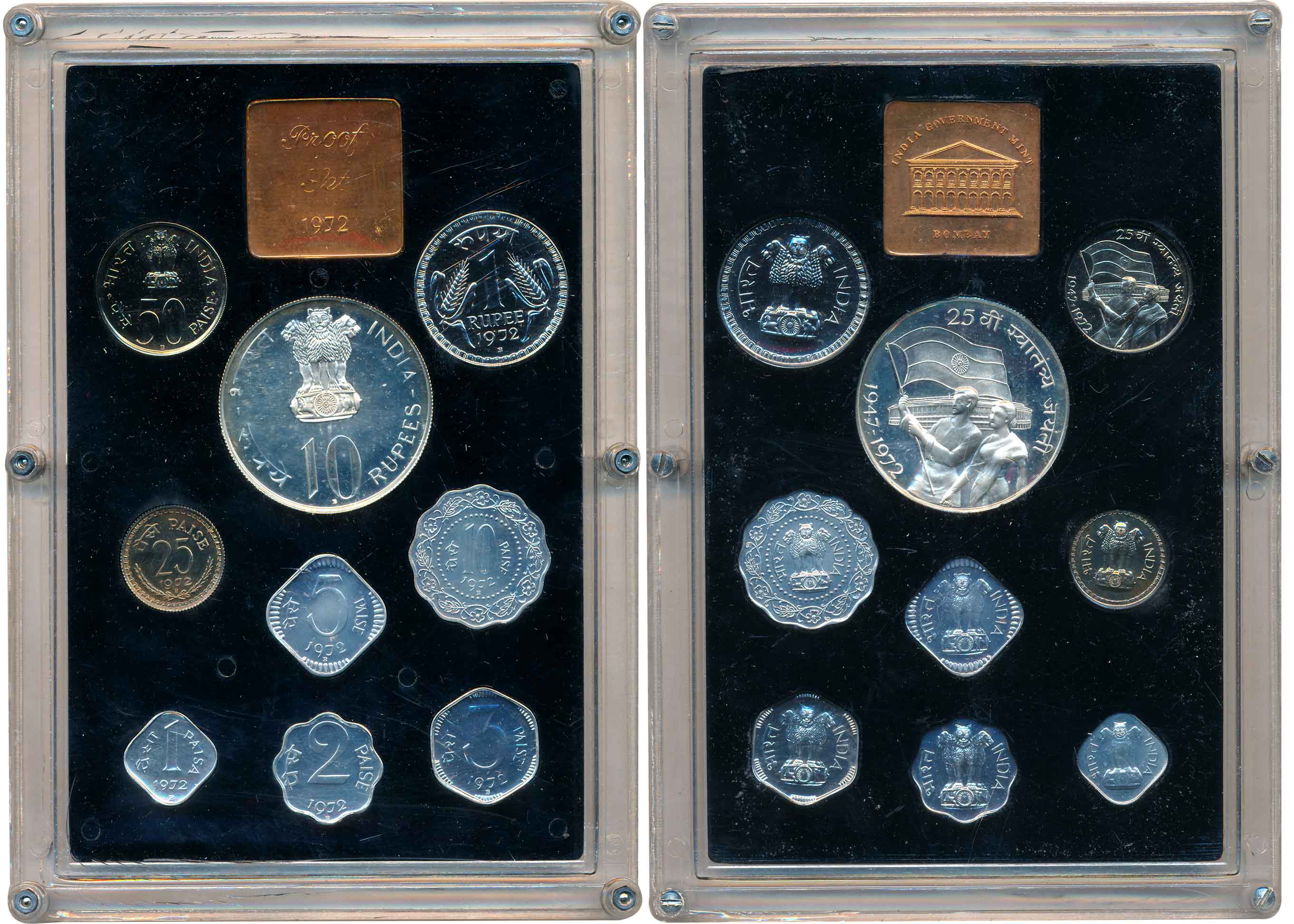 1972, Proof set of 9, Rupees 10 &amp; 1 &amp; Paisa 50, 25, 10, 5, 3, 2 &amp; 1, with Mint