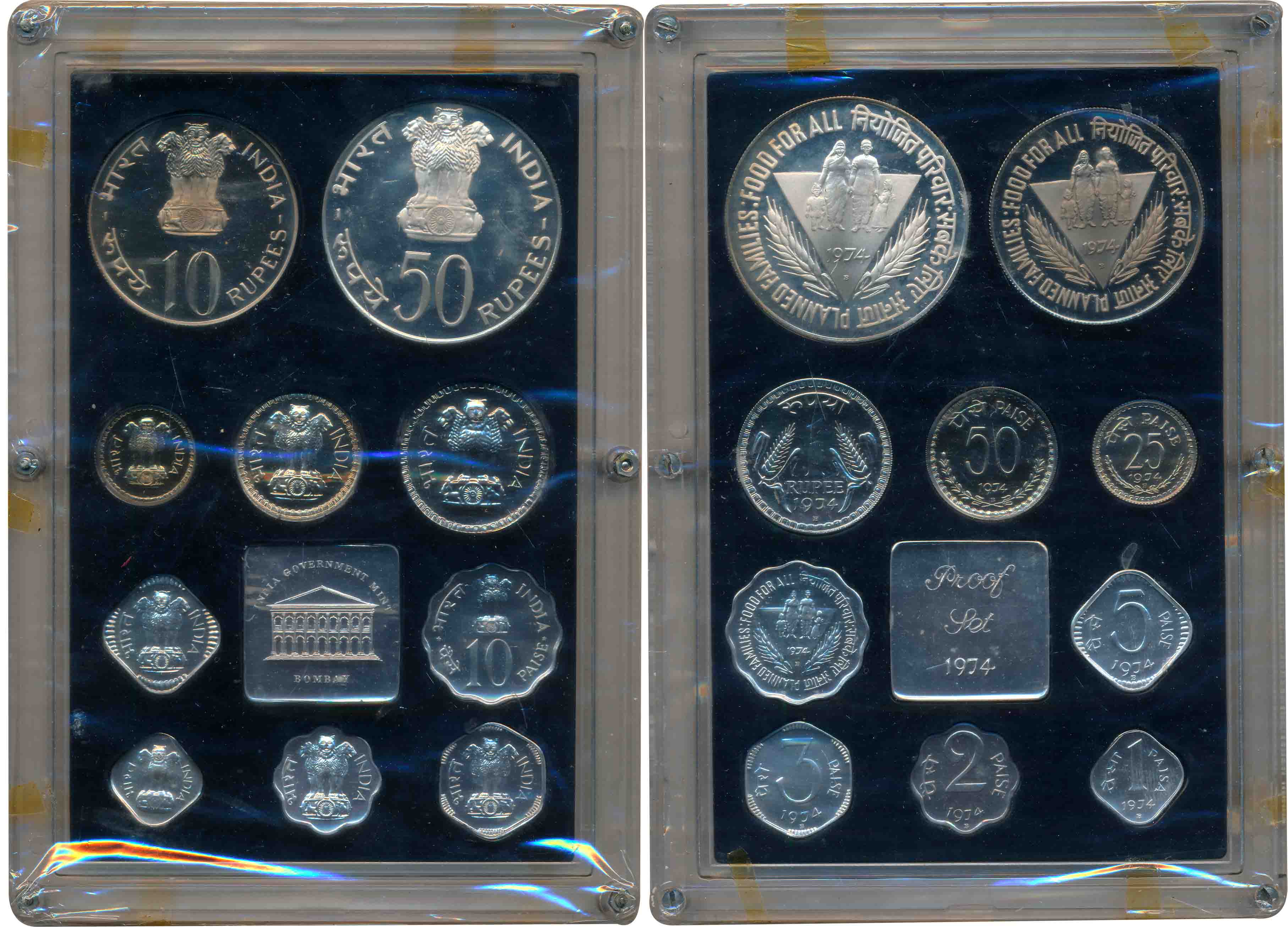 1974, Proof set of 10, Rupees 50, 10 & 1, Paisa 50, 25, 10, 5, 3, 2, & 1, with mint emblem