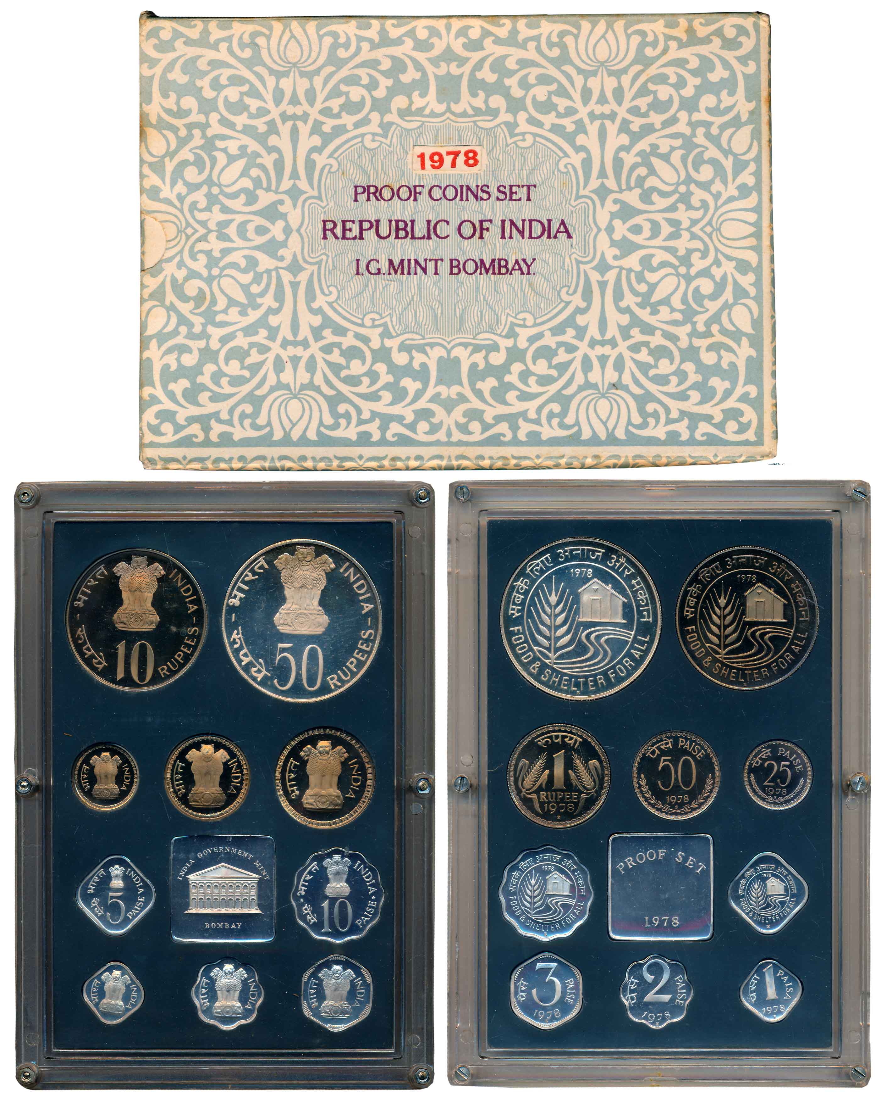 1978, Proof Set of 10, Rupees 50, 10 & 1, Paise 50, 25, 10, 5, 3, 2, & 1, with mint emblem