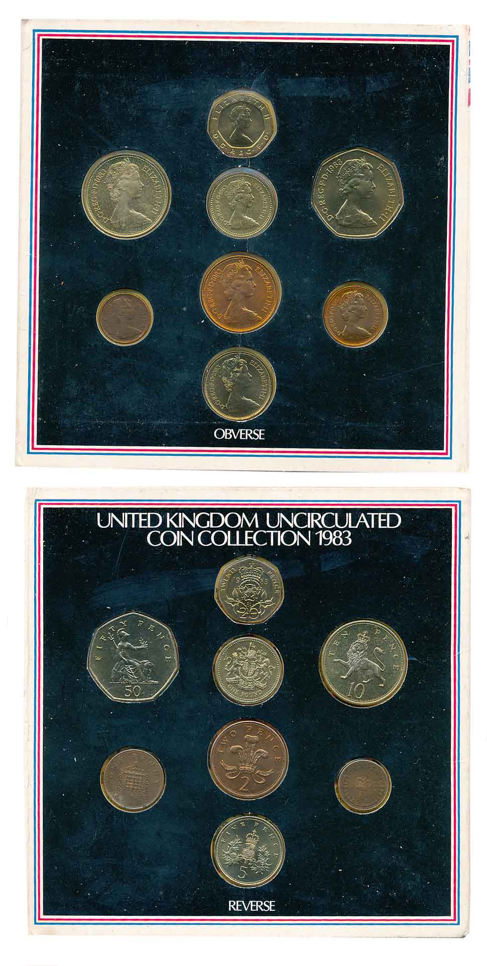1983, Set of 8, 1 Pound, 50 20, 10, 5, 2, 1 Pence & 1/2 Peny, “United Kingdom Uncirculated