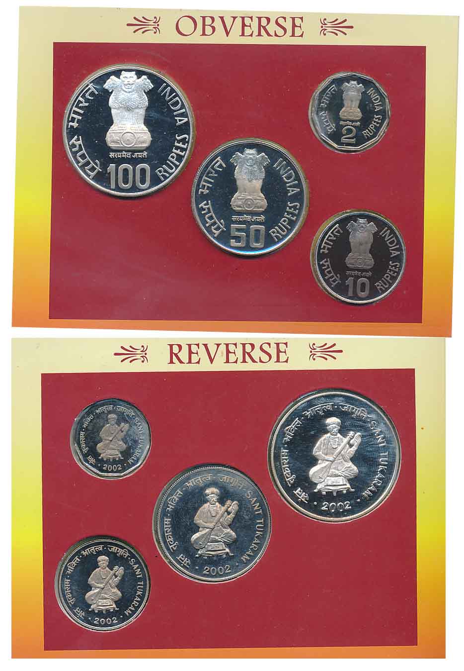 2002, Proof Set of 4, Rupees 100, 50, 10 & 2, “Sant Tukaram”, Kolkata Mint (RB# 248). In b