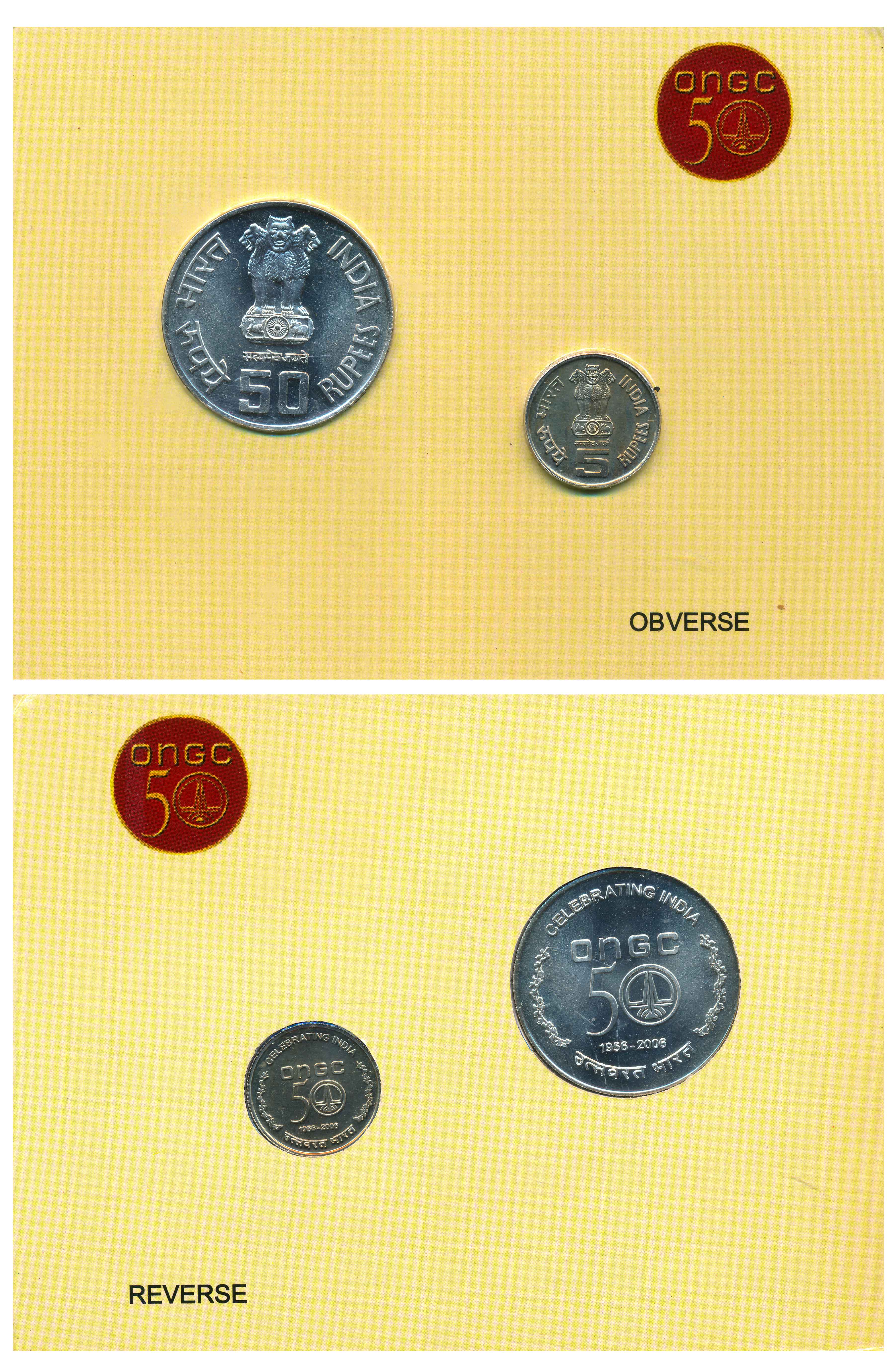 2006, Uncirculated Set of 2, Rupees 50 & 5, “50 Years Celebrating of ONGC”, Kolkata Mint (
