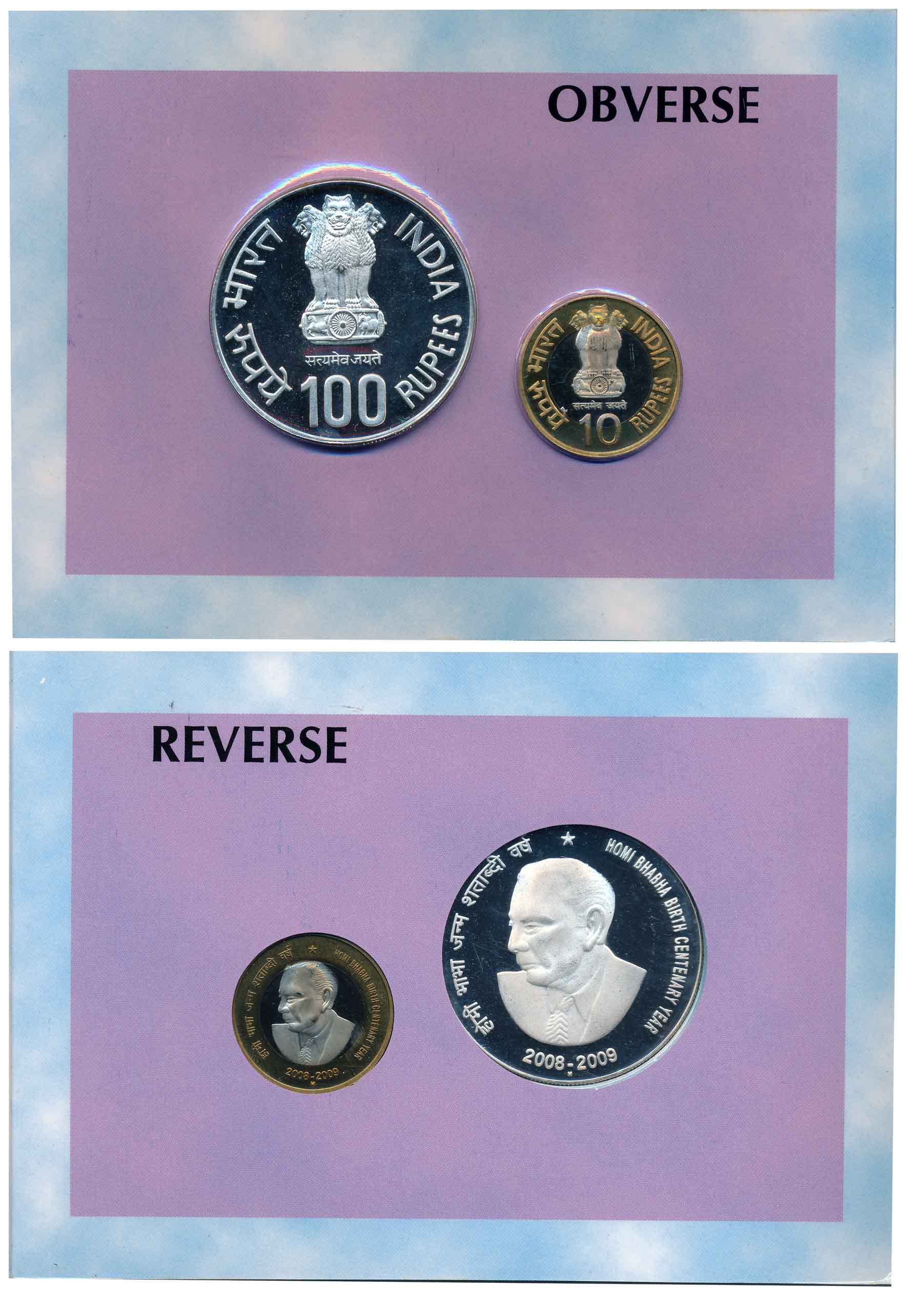 2009, Proof set of 2, Rupees 100 & 10, “Homi Bhabha Birth Centenary”, Mumbai Mint (RB# 355