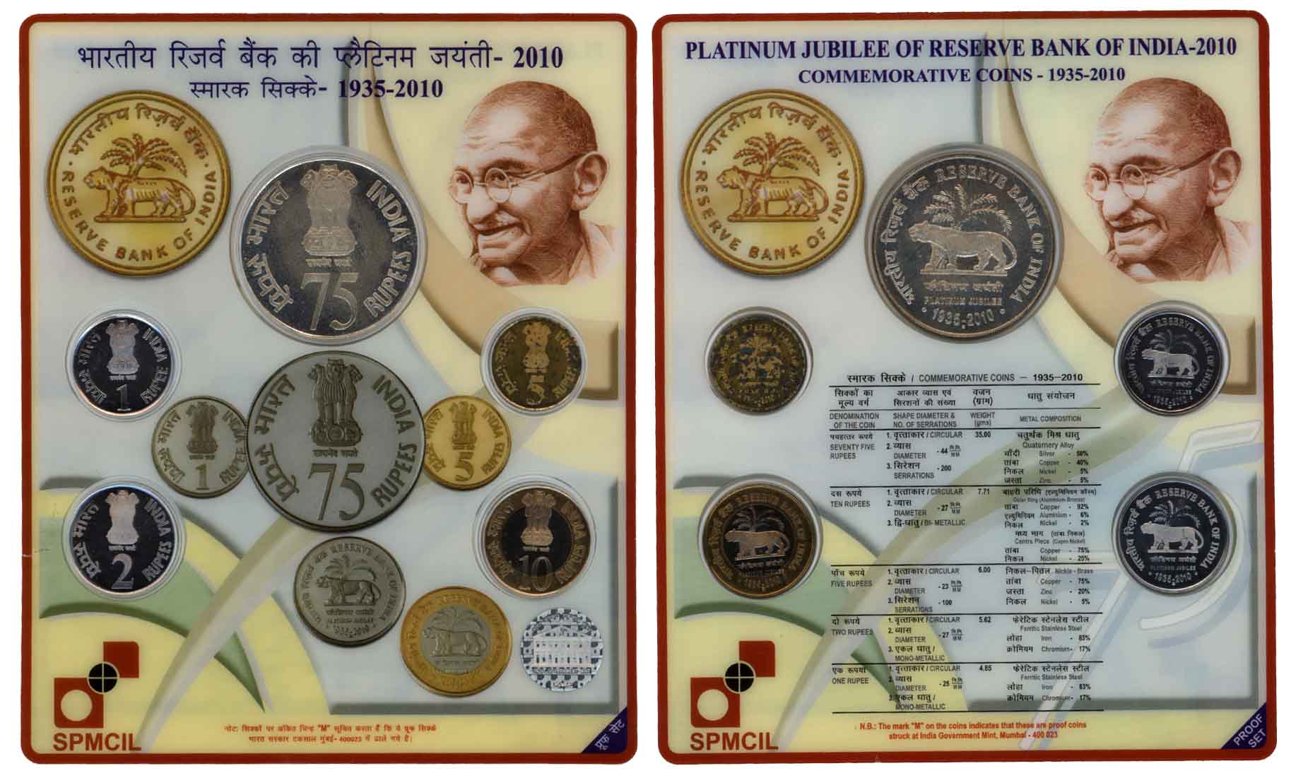 2010, Proof set of 5, Rupees 75, 10, 5, 2 & 1, “Platinum Jubilee of Reserve Bank of India”