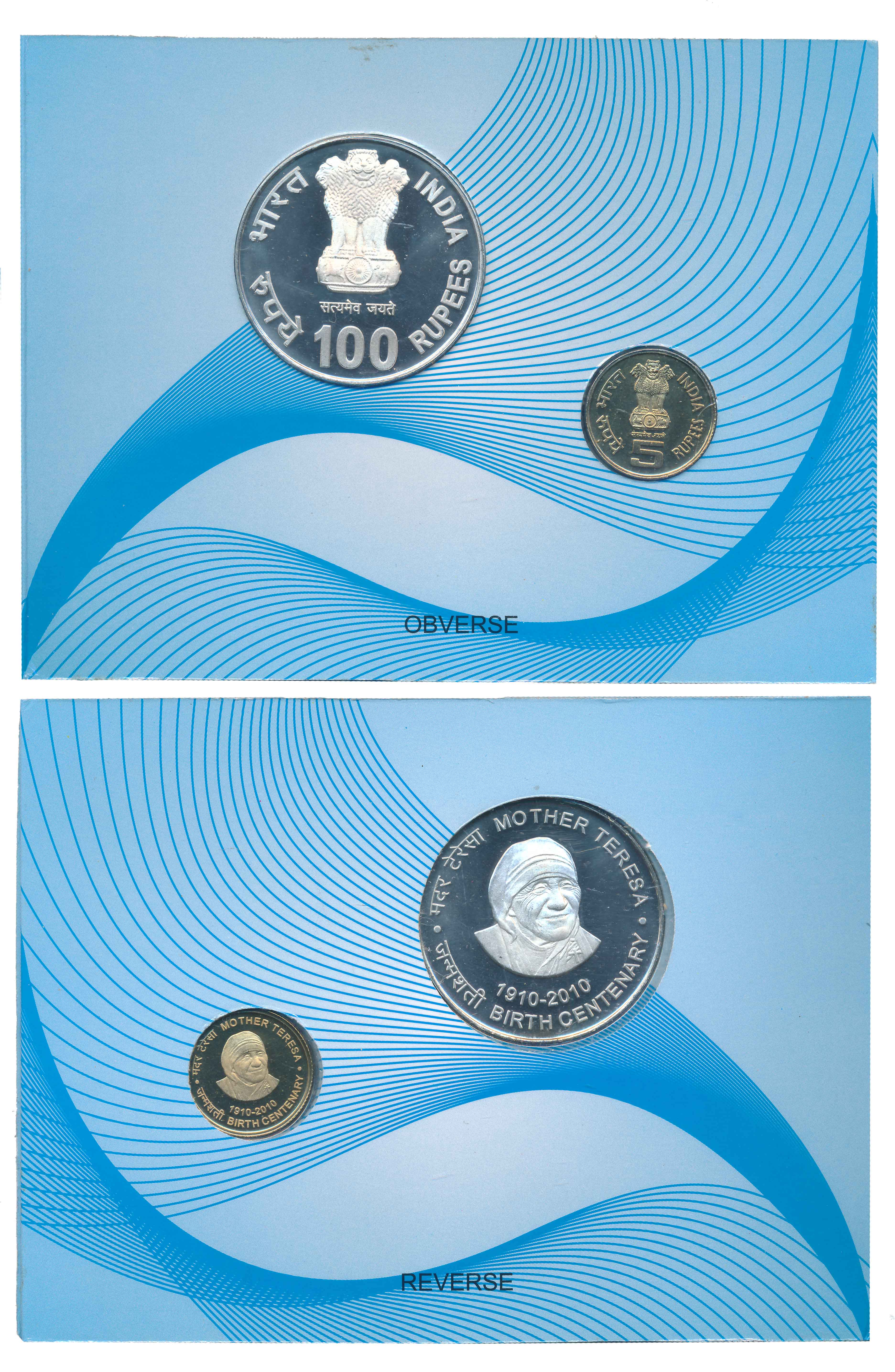 2010, Proof Set of 2, Silver Rupees 100 & 5, “Mother Teresa Birth Centenary”, Kolkata Mint