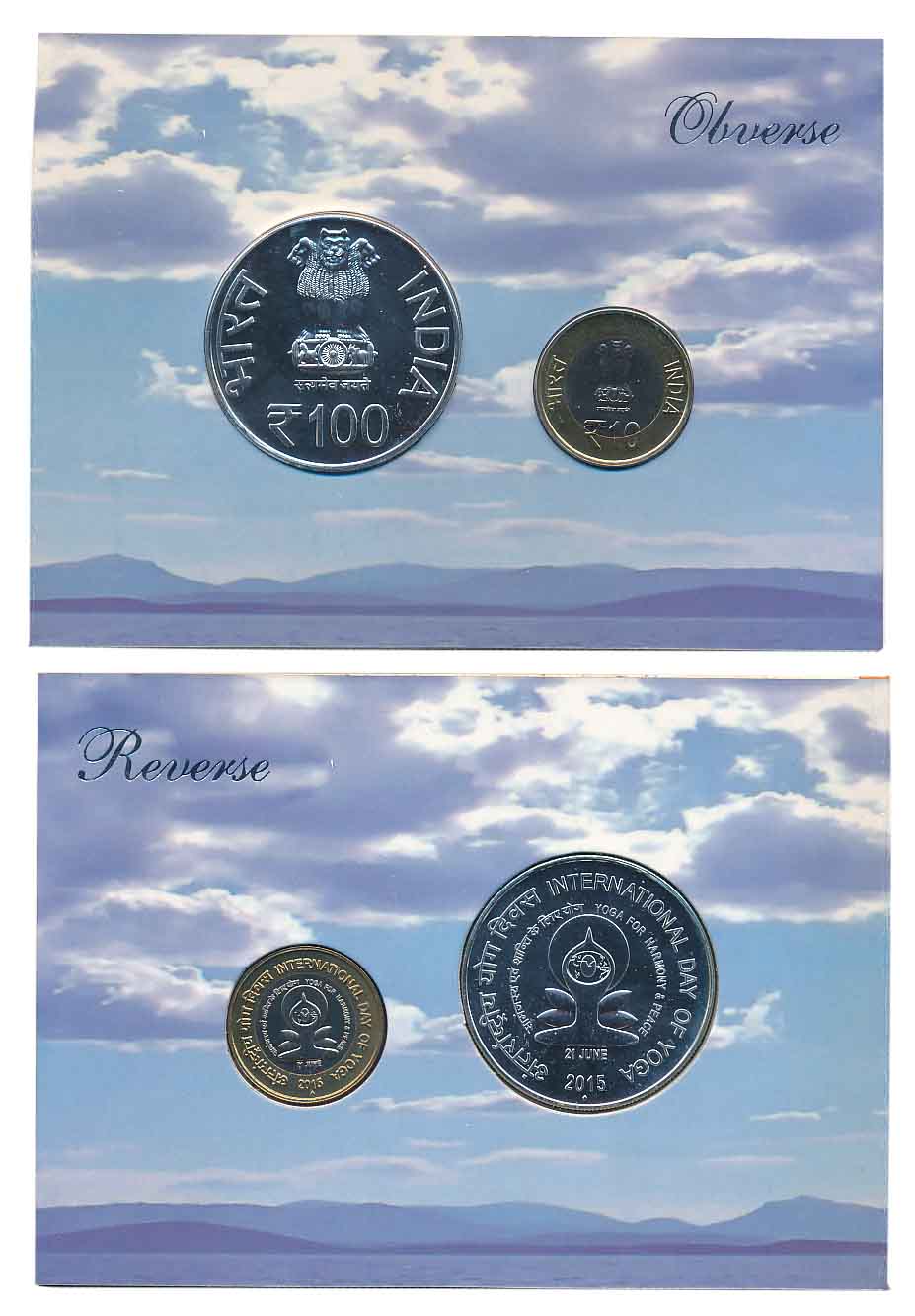 2015, Uncirculated Set of 2, Rupees 100 & 10, “International Day of Yoga- 21 June”, Mumbai