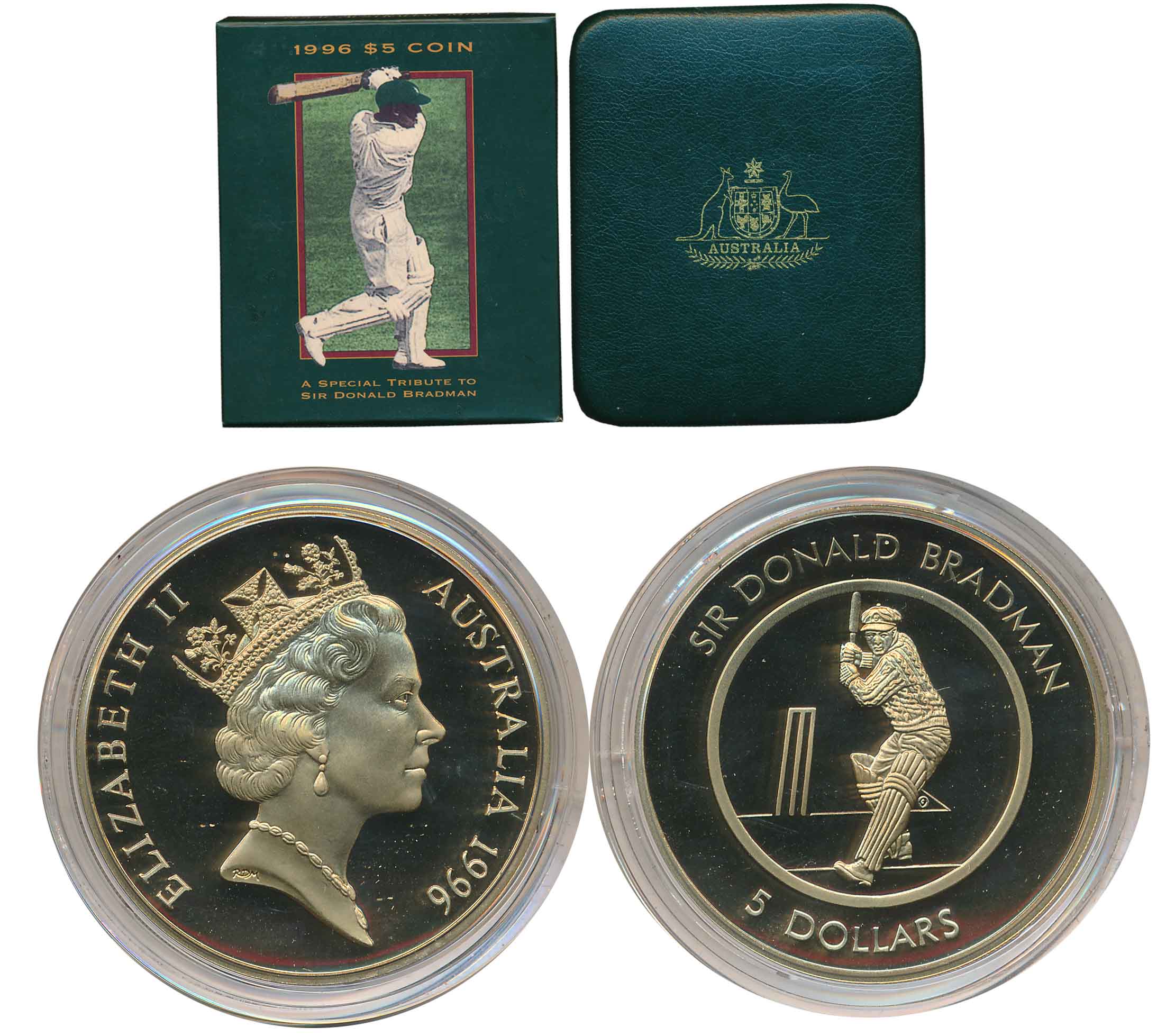 Australia, Bronze 5 Dollar, 1996, Proof, Sir Donald Bradman. In original Box of issue.