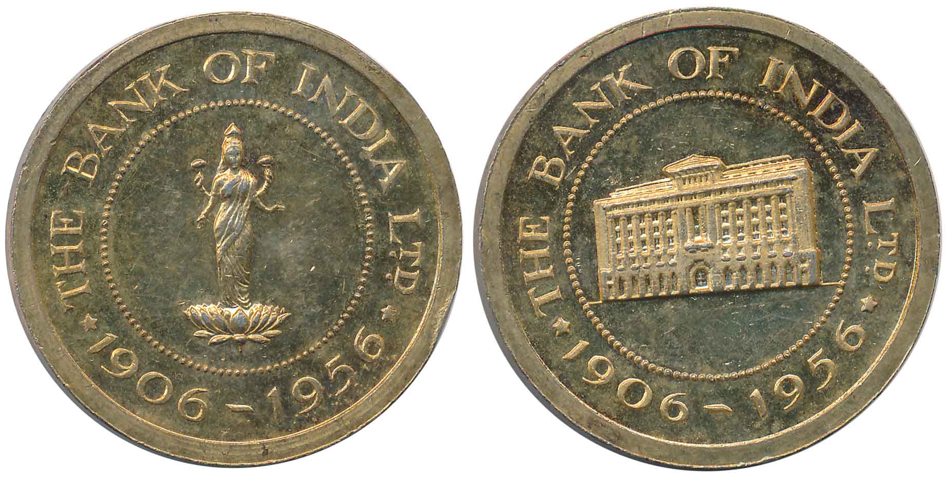 Bank of India, Silver- Gold Guilt, 26.32g, "Golden Jubilee years 1906-1956" Obv: Goddess L