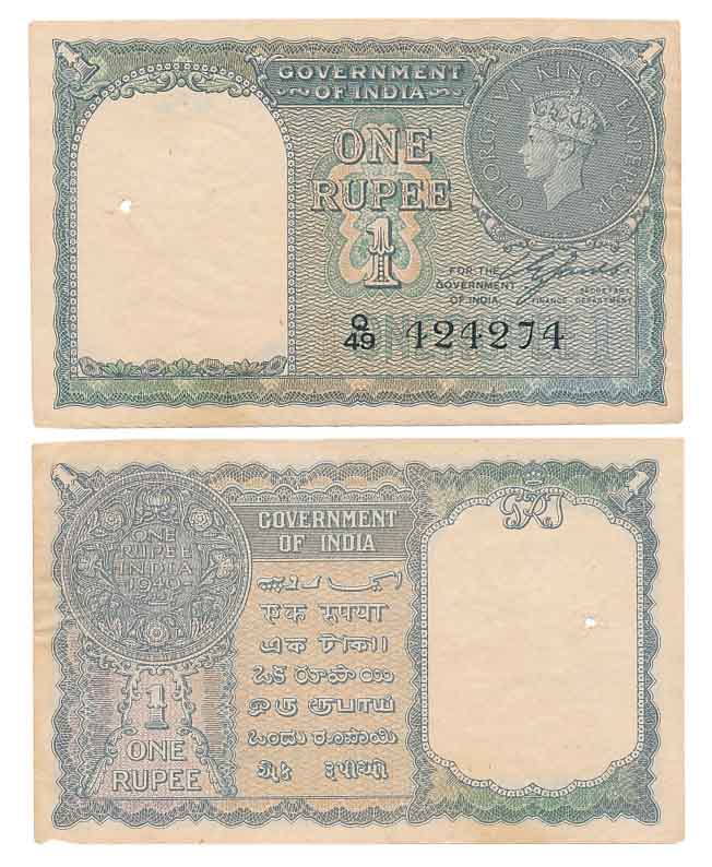 George VI, Rupee 1, Type 4.1, 1940, Signed C.E. Jones, Prefix Q/49, Serial number in Black