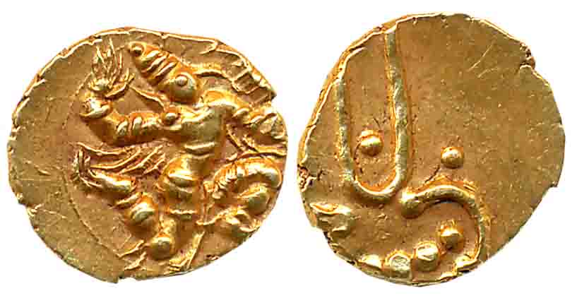 Banas of Madurai, Samarakolakalan, Gold Fanam, 0.38g, Obv: Stylize Garuda running to right
