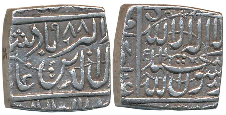 Akbar, Silver Square Rupee, 11.32g, “Kalima” type, Dar us Sultanate Ahmedabad Mint, AH 988