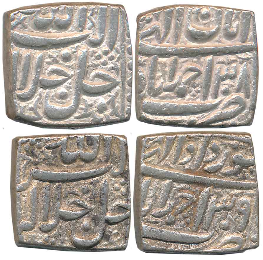 Akbar, Silver Square Rupees (2), 11.23g, 11.39g, “Jalalahu” type, Ahmedabad Mint, Ilahi Mo