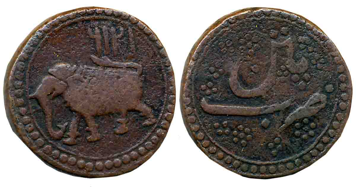 Tipu Sultan, Copper Paisa, 10.80g, Patan Mint, AM 1216 (retrograde), Elephant to left, Dot
