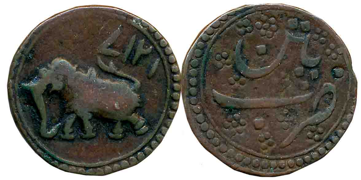 Tipu Sultan, Copper Paisa, 11.41g, Patan Mint, AM 1217 (retrograde), Elephant to left, Dot