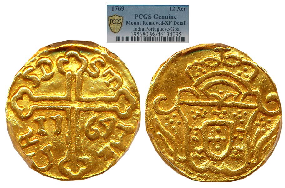 D Jose, Goa, Gold 12 Xerafins, 1769, Obv: Crown arms, Rev: Value & date divides by Cross (