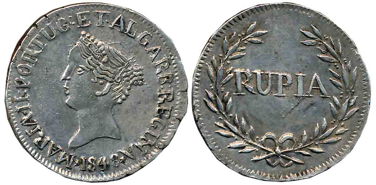 Goa, Maria II, Silver, Rupia, 10.95g, 1848, Obv: Bust to left, date below, Rev: Value with