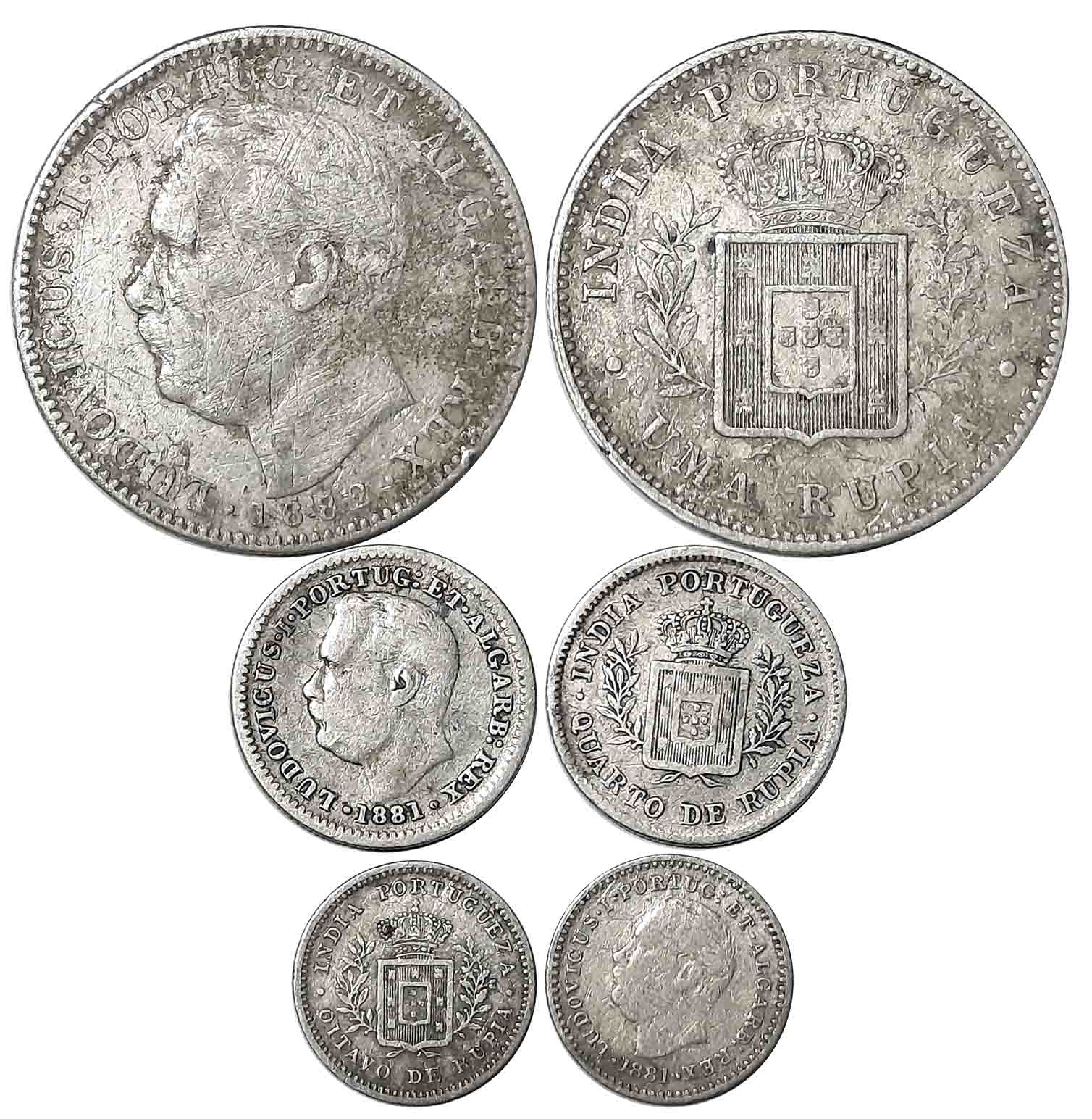 Luiz I, Silver (3), Rupee, 1/4 Rupee & 1/8 Rupee, 1882, 1881, 1881. Obv: Head of Luiz I to