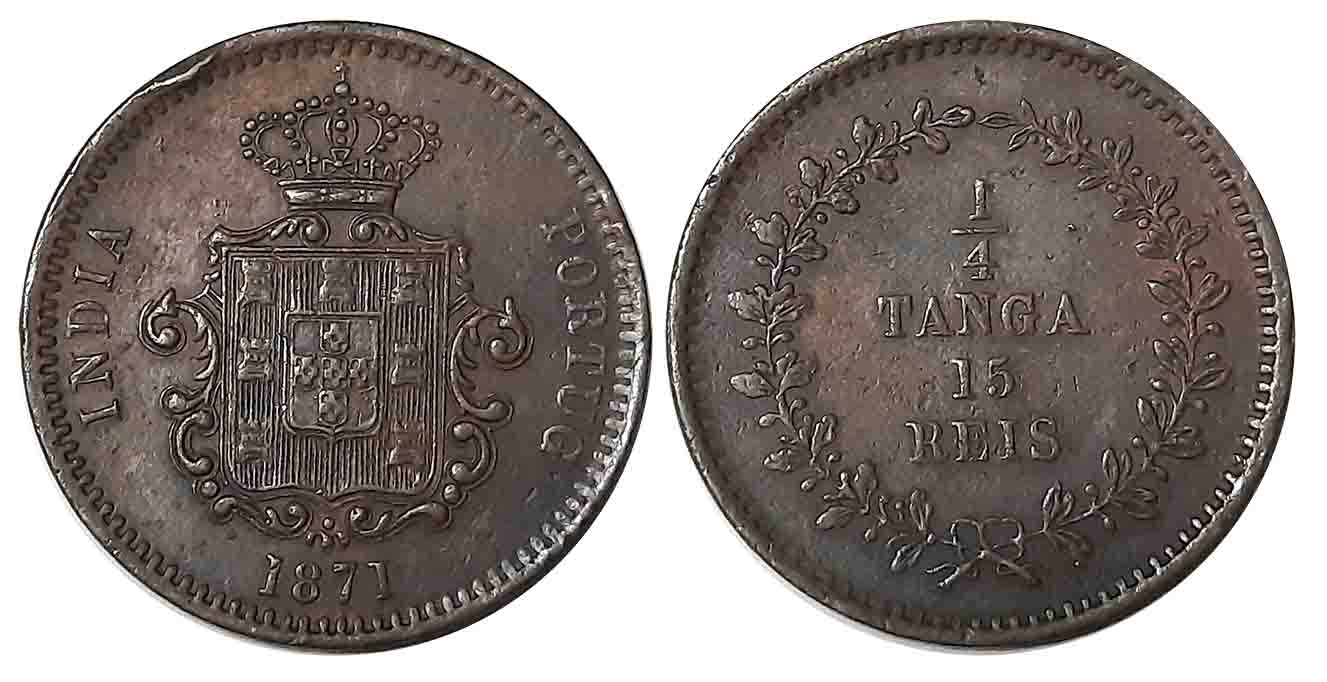 Luiz I, Copper 1/4 Tanga- 15 Reis, 1871, Obv: Crowned Arms, Rev: Value within wreath (KM# 