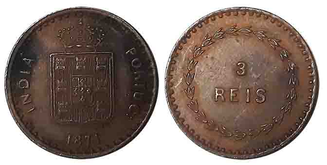 Luiz I, Copper 3 Reis, 1871, Obv: Crowned Arms, Rev: Value within wreath (KM# 301). Extrem