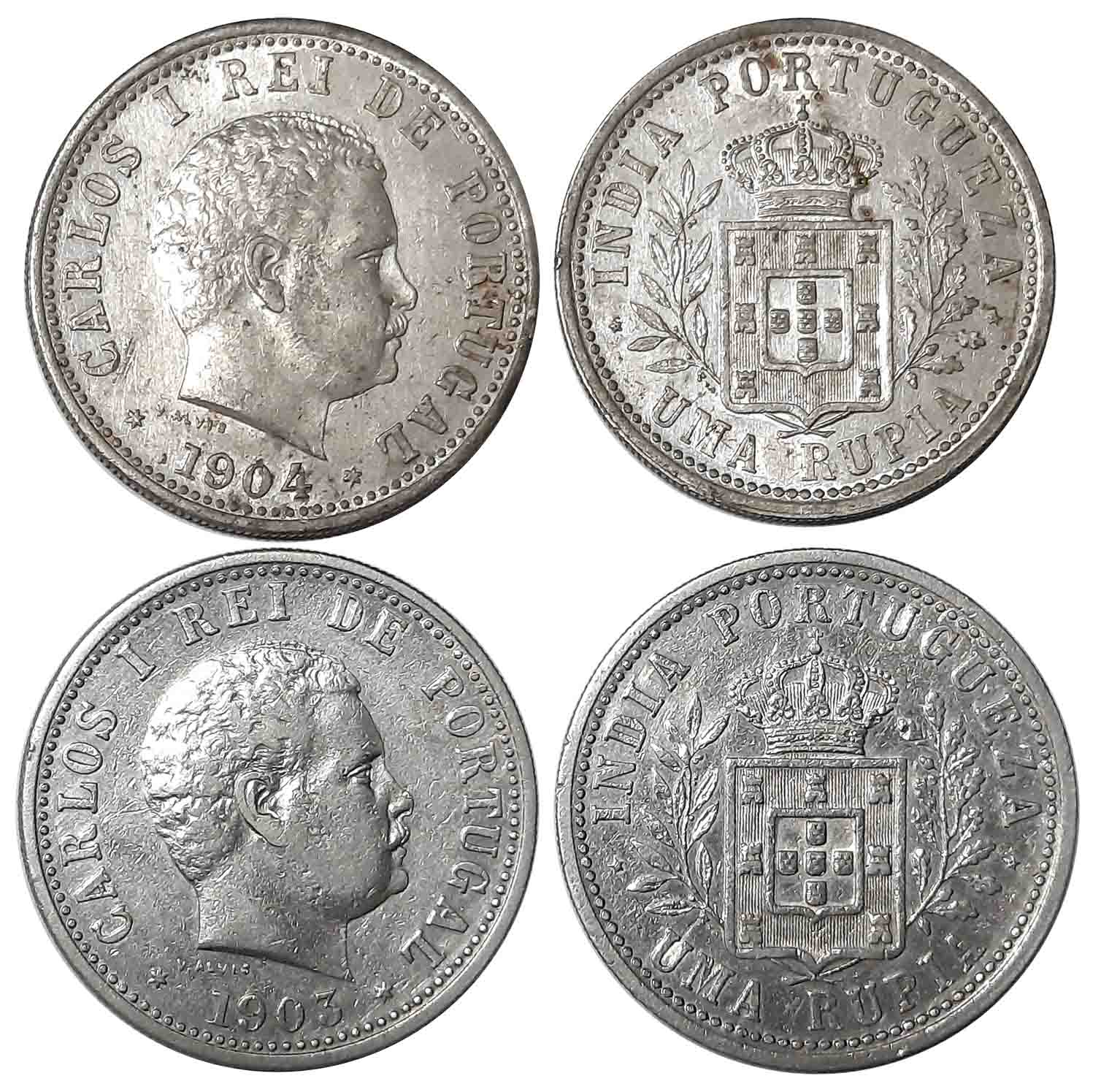 Carlos I, Silver Rupees (2) 1903,1904, Obv: Head of Carlos I to right, Rev: Crowned shield