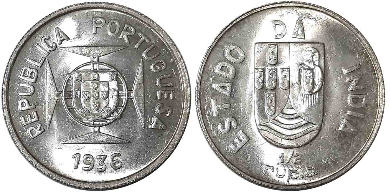 Silver 1/2 Rupee, 1936, Obv: Shield on lined circle at center of Maltese cross, Rev: Divid