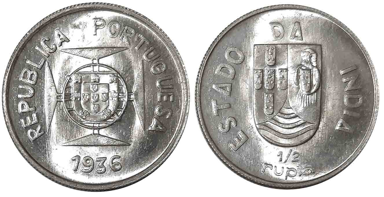 Silver 1/2 Rupee, 1936, Obv: Shield on lined circle at center of Maltese cross, Rev: Divid