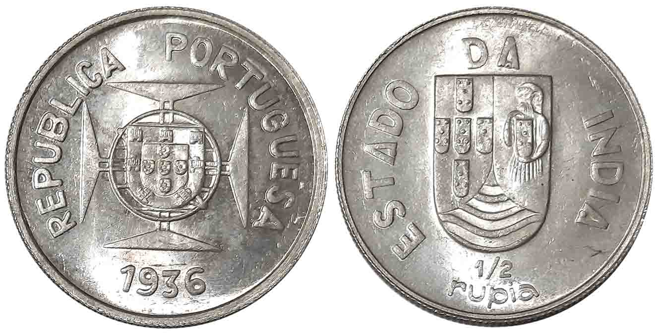 Republic, Silver 1/2 Rupee, 1936, Obv: Shield on lined circle at center of Maltese cross, 