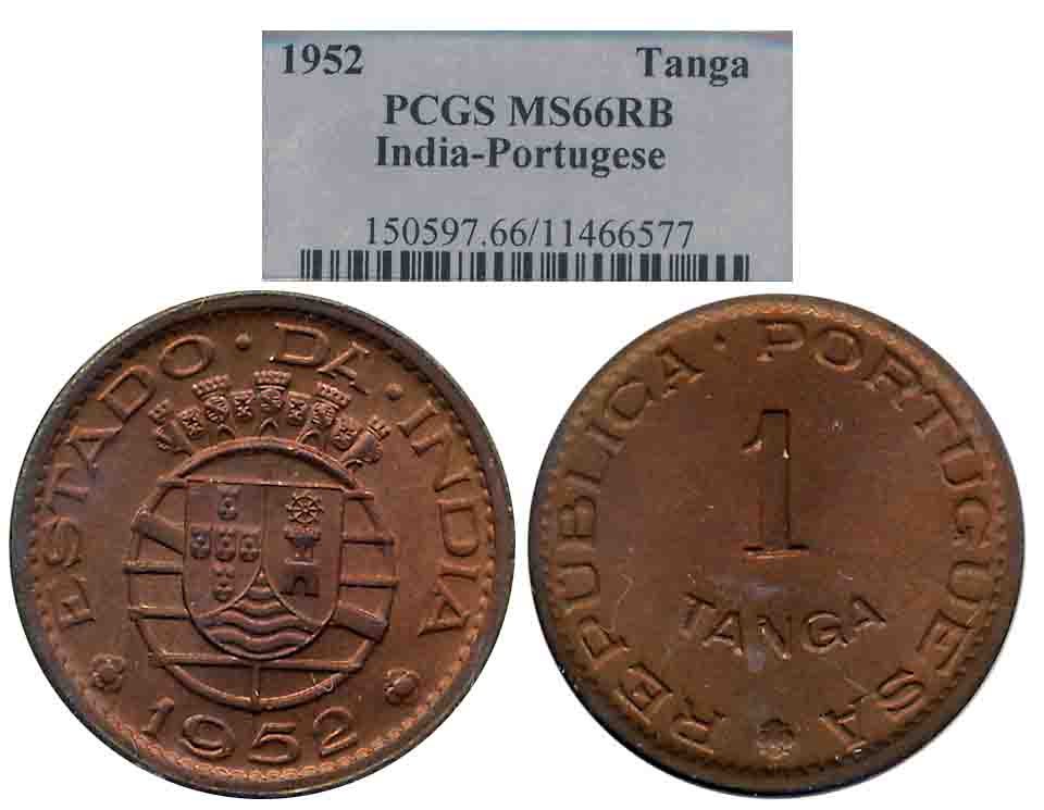 Bronze Tanga– 60 Reis, 1952 (KM# 28). Slab & Graded by PCGS as MS66RB.