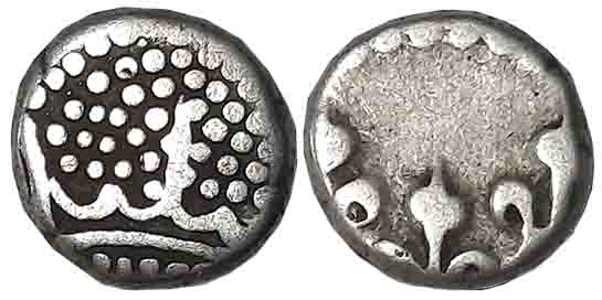 Silver Fanon,1.41g, Pondicherry Mint, Obv: Pearled crown, Rev: Fleur-di-lis (KM# 44). Fine