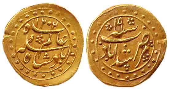 Murshidabad, Gold 1/16 Mohur, 0.75g, in the name of Shah Alam II, Calcutta Mint, AH 1202/1
