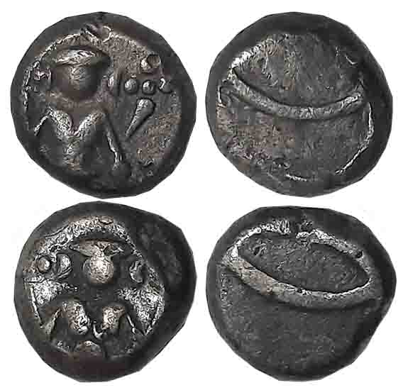 Silver Double Fanams (2),1.73g,1.77g, Obv: Partial figure of Lord Vishnu Standing, Rev: Tw