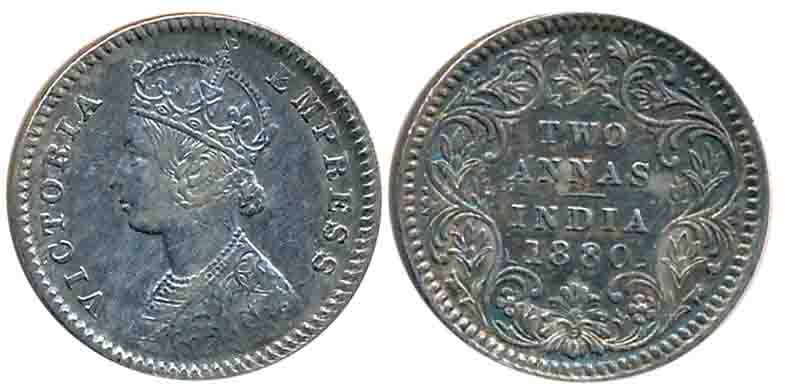Victoria Empress, 1880, Silver, Rupee, 2 Anna. Very fine+.